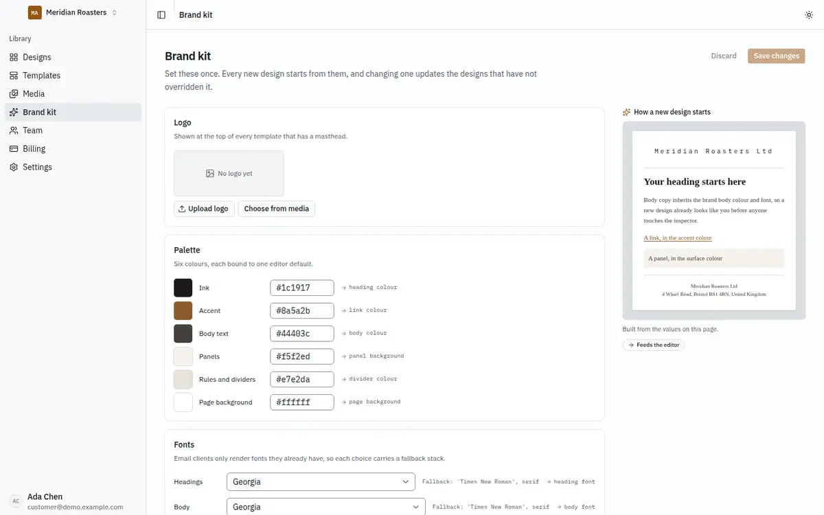 The brand kit page with logo, palette and fonts, and a preview of a new design