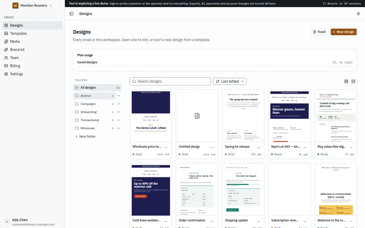 The demo library with the reset banner at the top