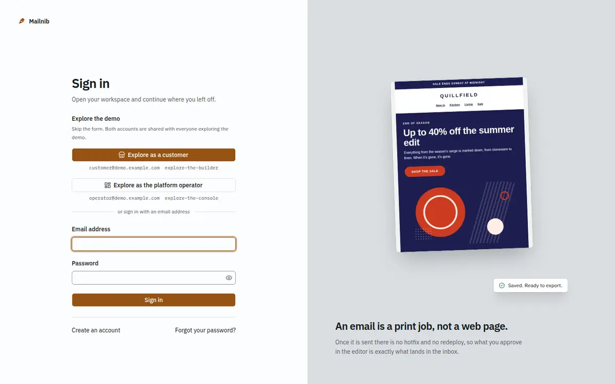 The sign-in page in demo mode, with one-click buttons and the public credentials