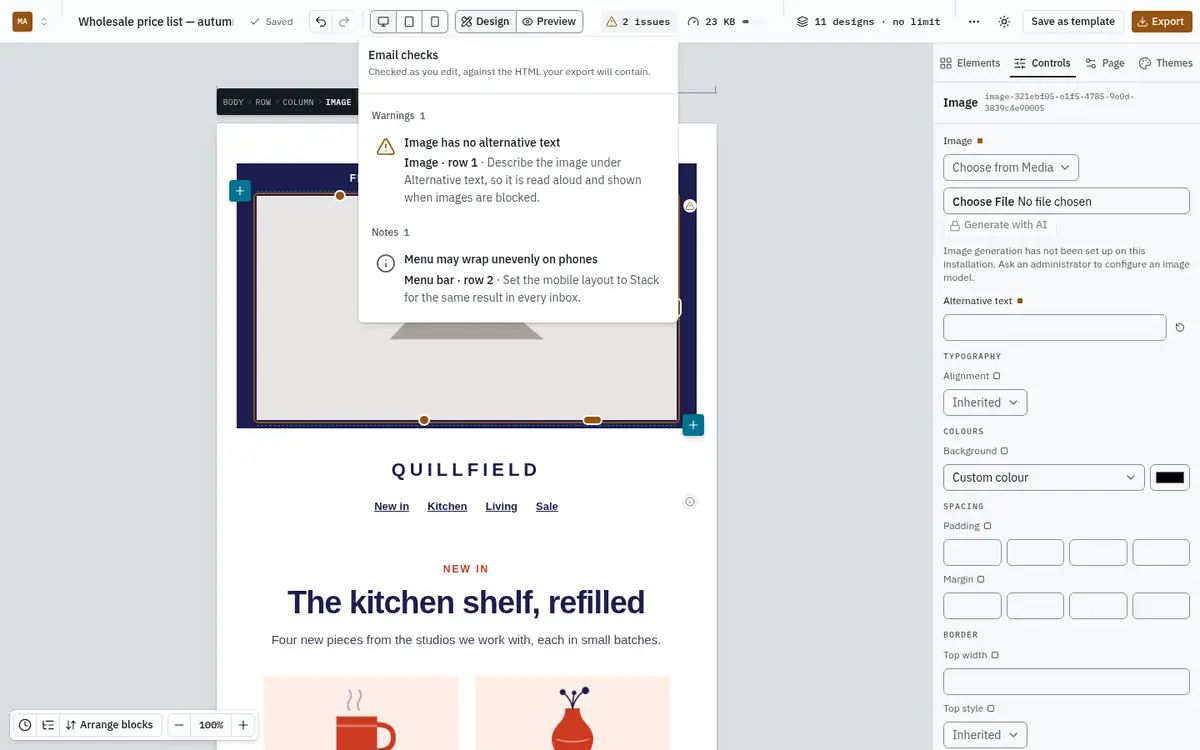 The email checks panel with one warning about a missing alternative text