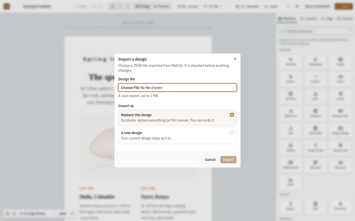 The Import a design dialog with the file picker and the two import options
