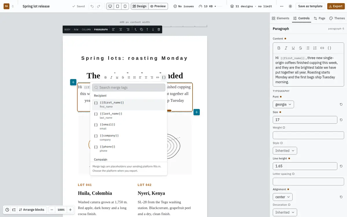 The merge tag menu open over a paragraph, listing recipient tags
