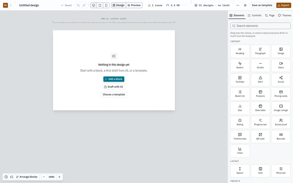 A new, empty design with the Choose a template button
