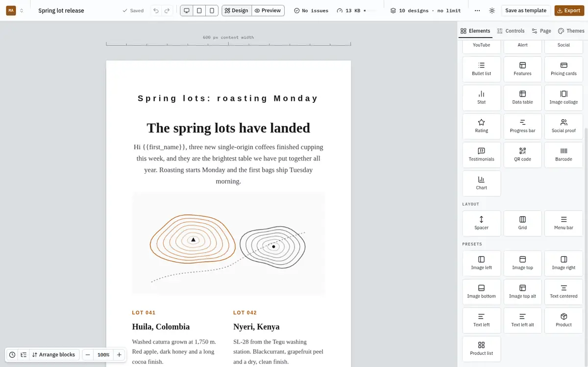 The Elements tab scrolled to the layout blocks and presets