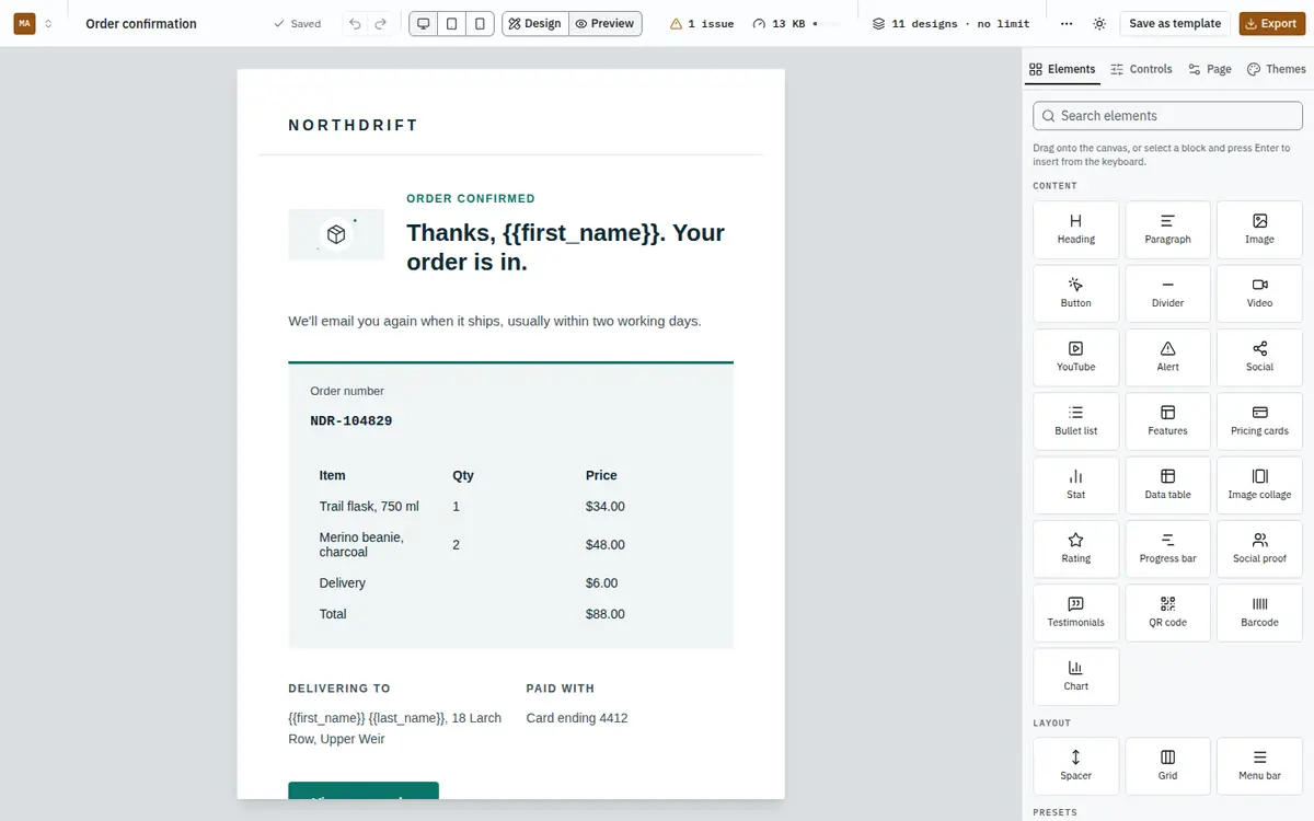 Preview mode showing the rendered email