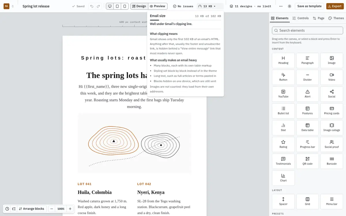 The size meter panel explaining Gmail clipping