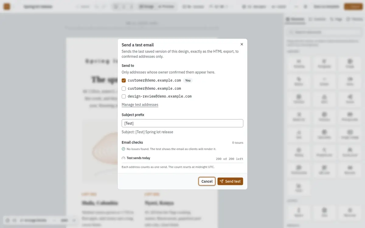 The Send a test email dialog with addresses, subject prefix, checks and today's allowance