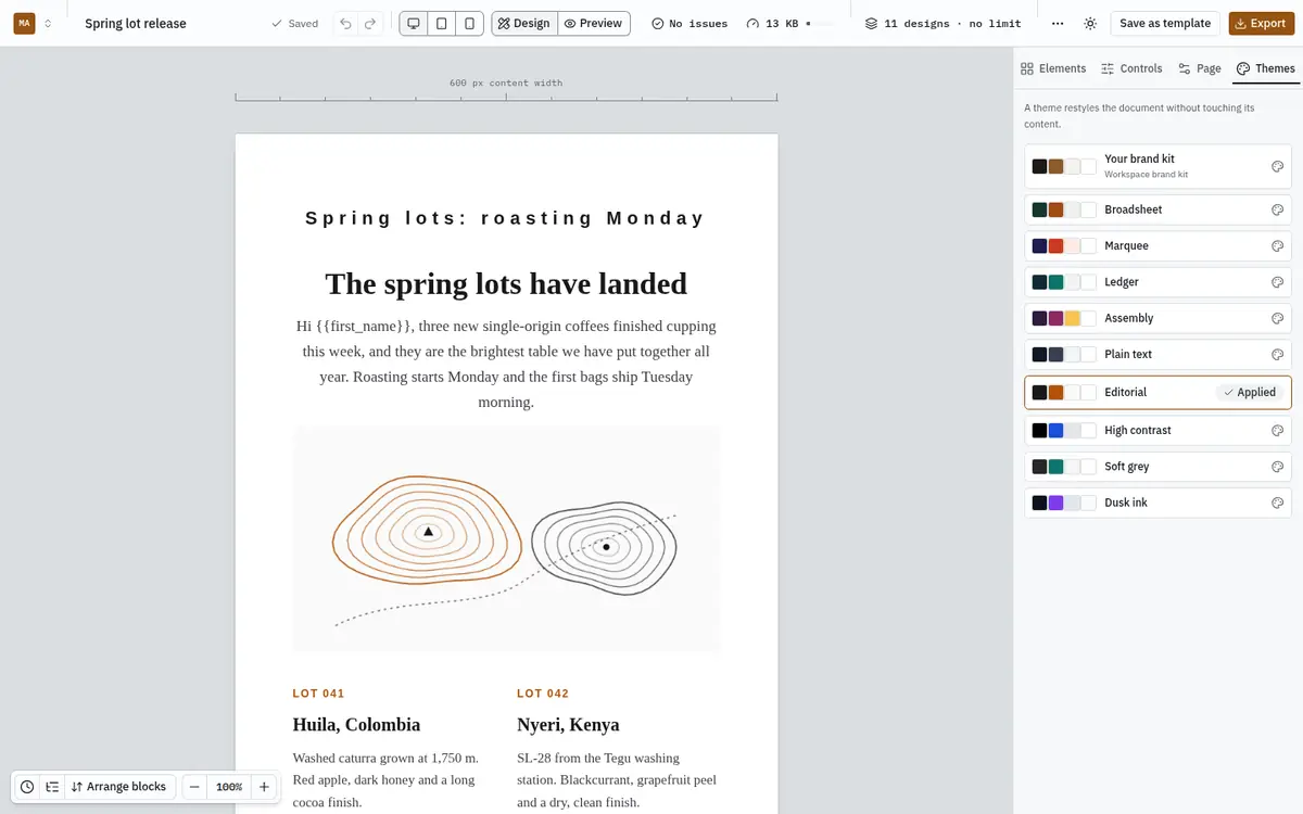 The Themes tab listing the brand kit and nine built-in themes