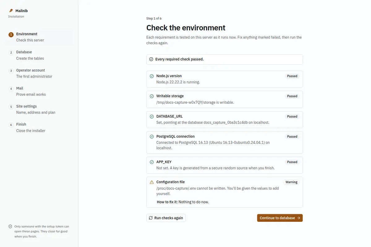 Every environment check passed, with a warning that the configuration file cannot be written