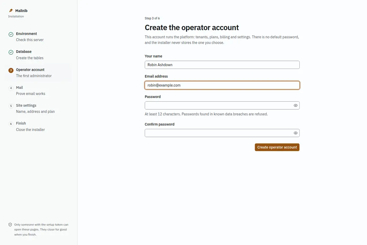 The operator account form