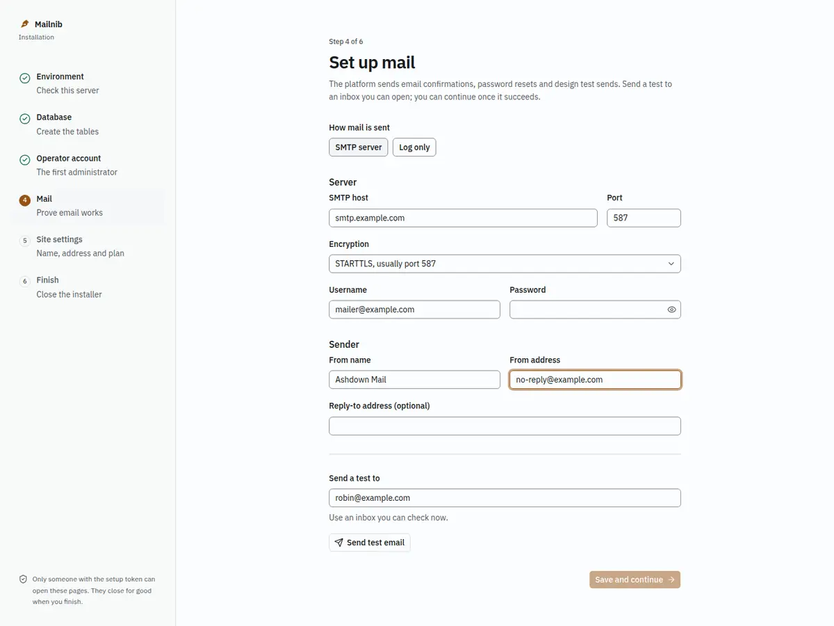 The mail step with SMTP fields and a test recipient
