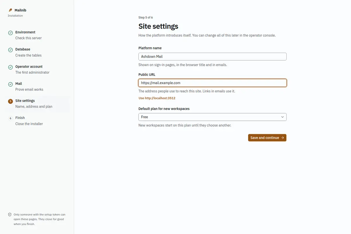 Site settings with a platform name and public URL