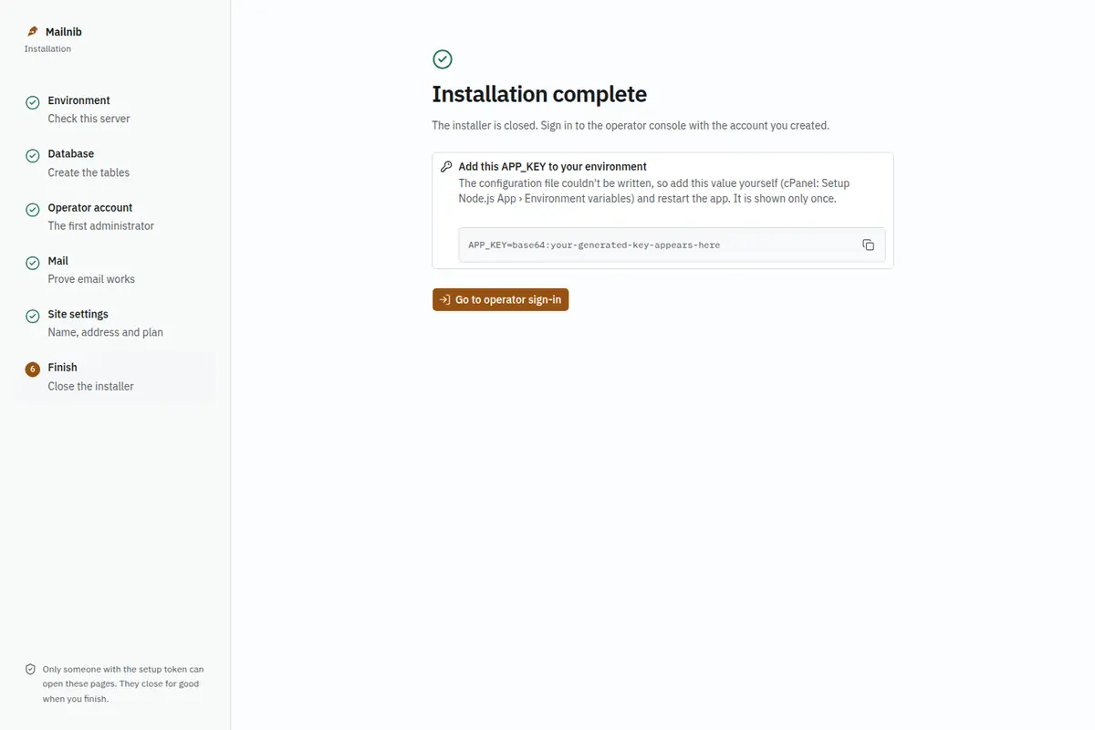 Installation complete, with an APP_KEY to add to the environment
