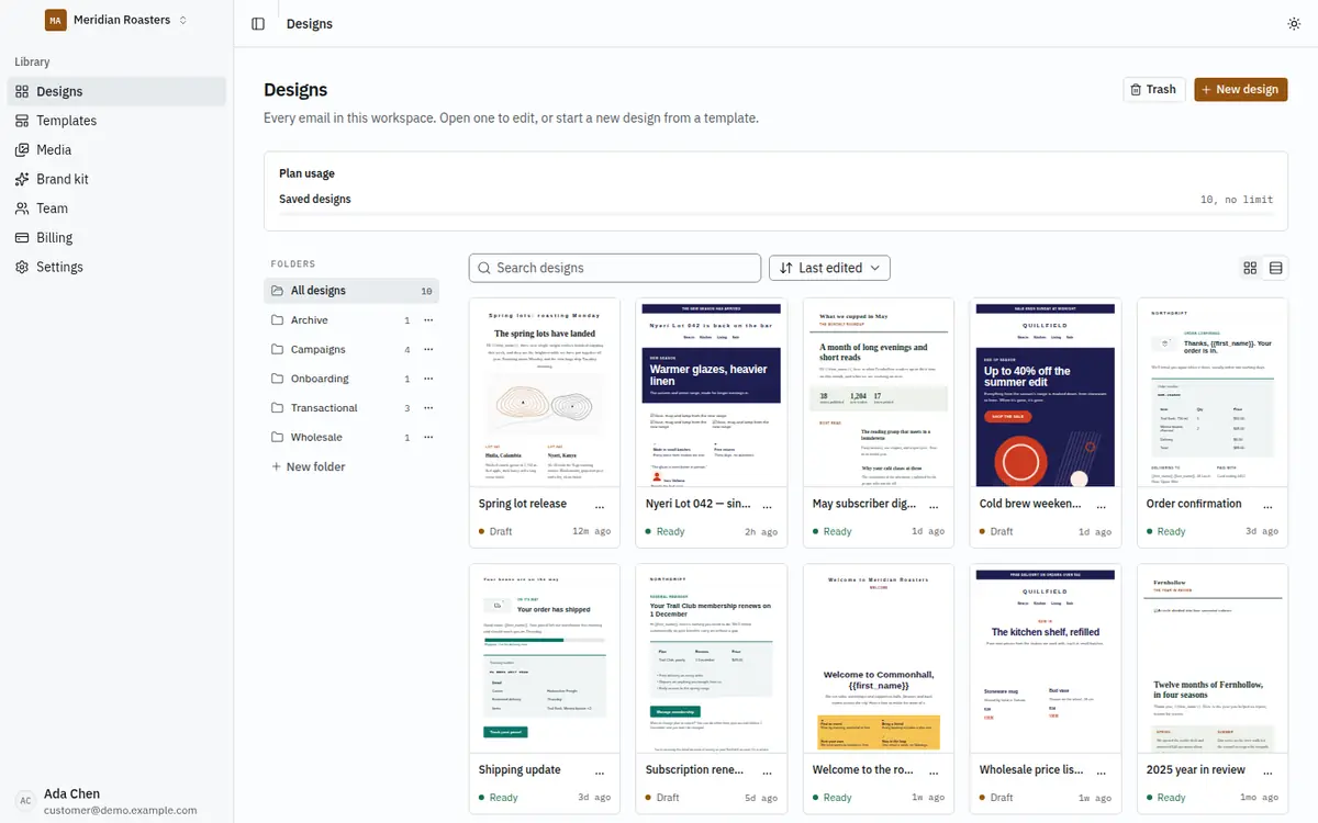The design library of a customer workspace, with ten saved emails in folders