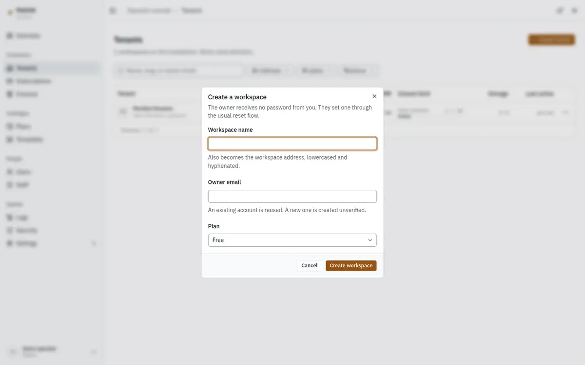 The create tenant dialog