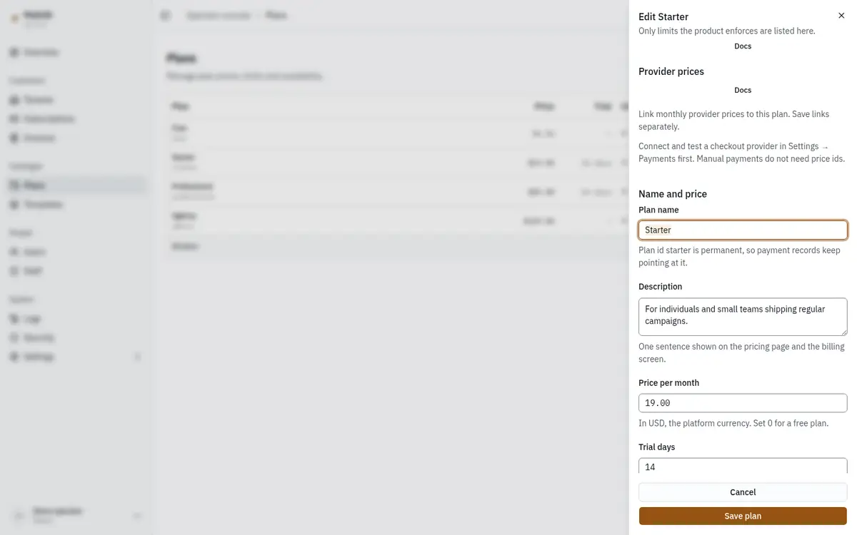 The plan editor for Starter, with name, price, trial and visibility