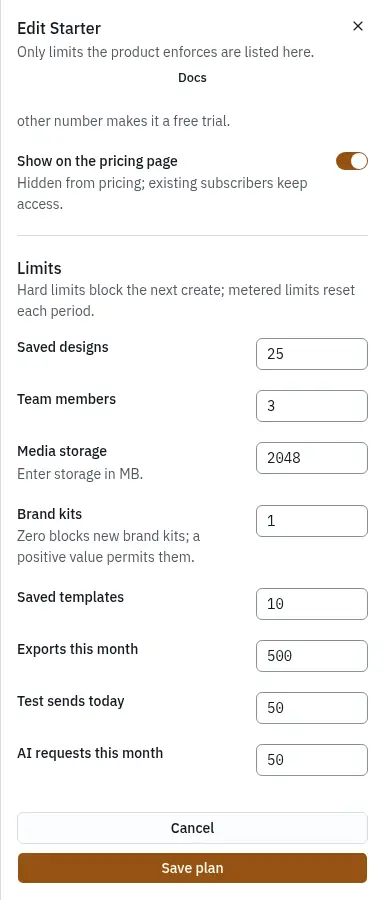 The limits of the Starter plan in the plan editor