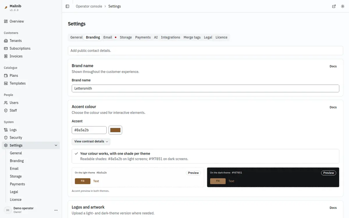 The branding settings with a brand name, an accent colour and its contrast checks