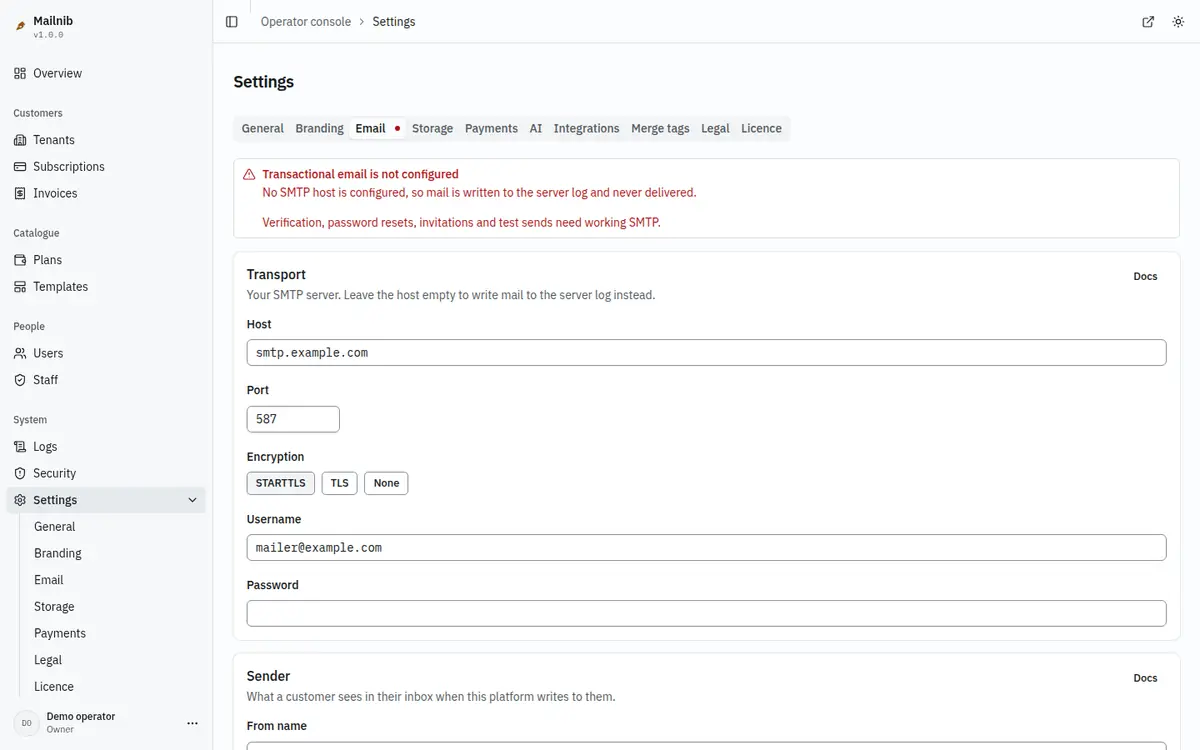 The email settings with transport, SMTP server and sender fields