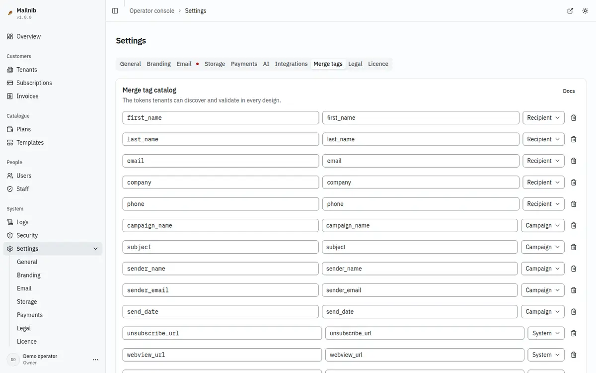 The merge tag catalog with recipient and campaign tags