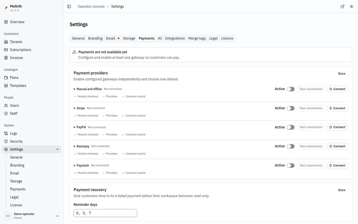 The payment settings page