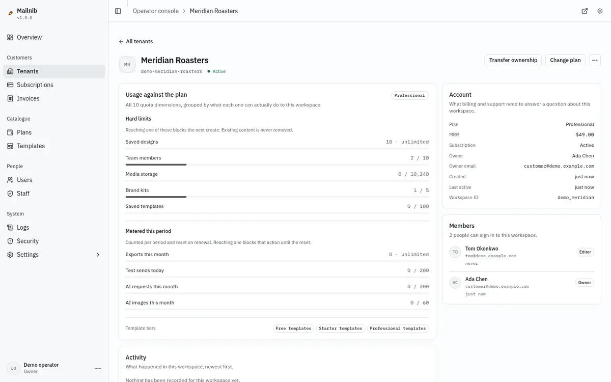 A tenant's detail page with usage against every plan limit