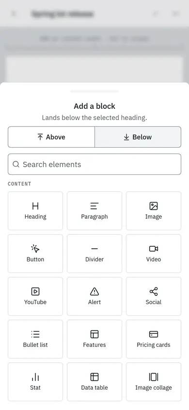 The Add a block sheet with Above and Below and the element list