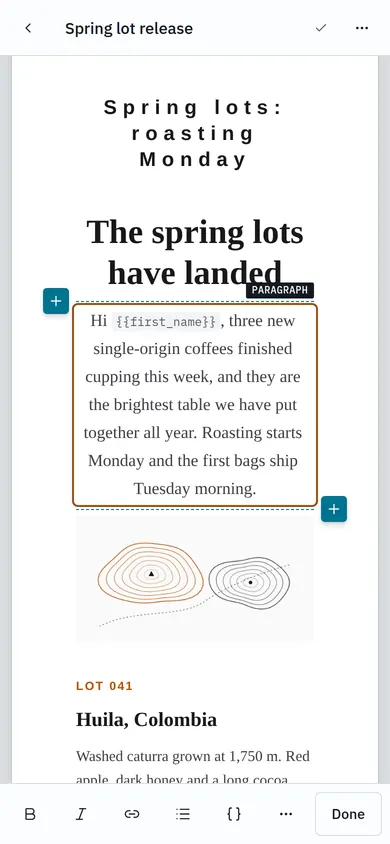 Editing a paragraph with the formatting bar above the keyboard