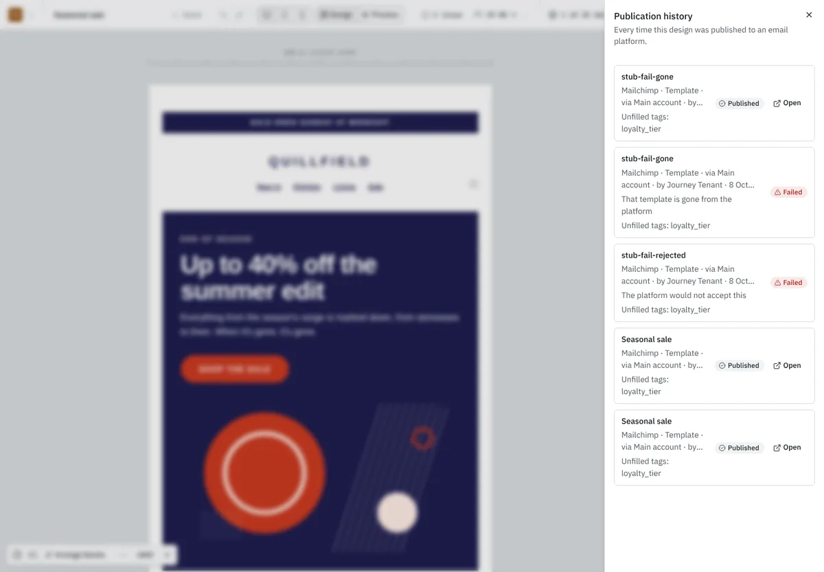 The publication history with a published template and a failed attempt