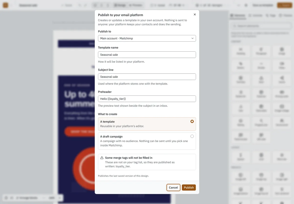 The publish dialog with a connection, name, subject and preheader