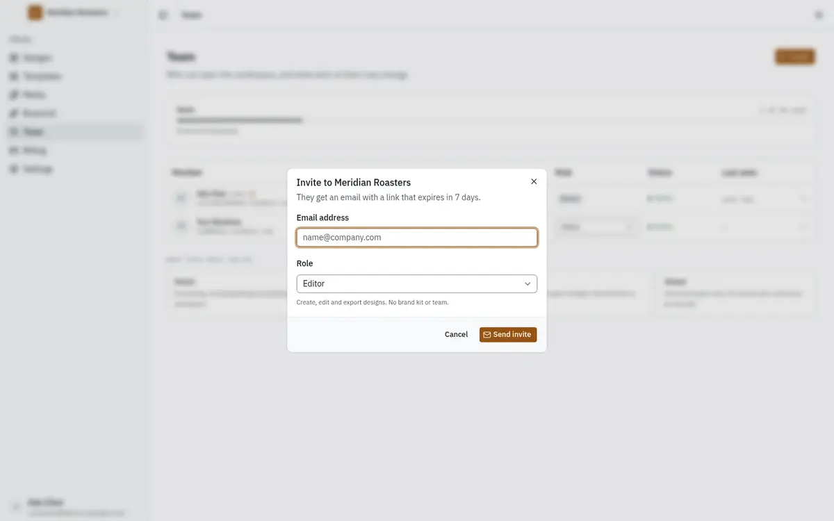 The invite dialog with email address and role