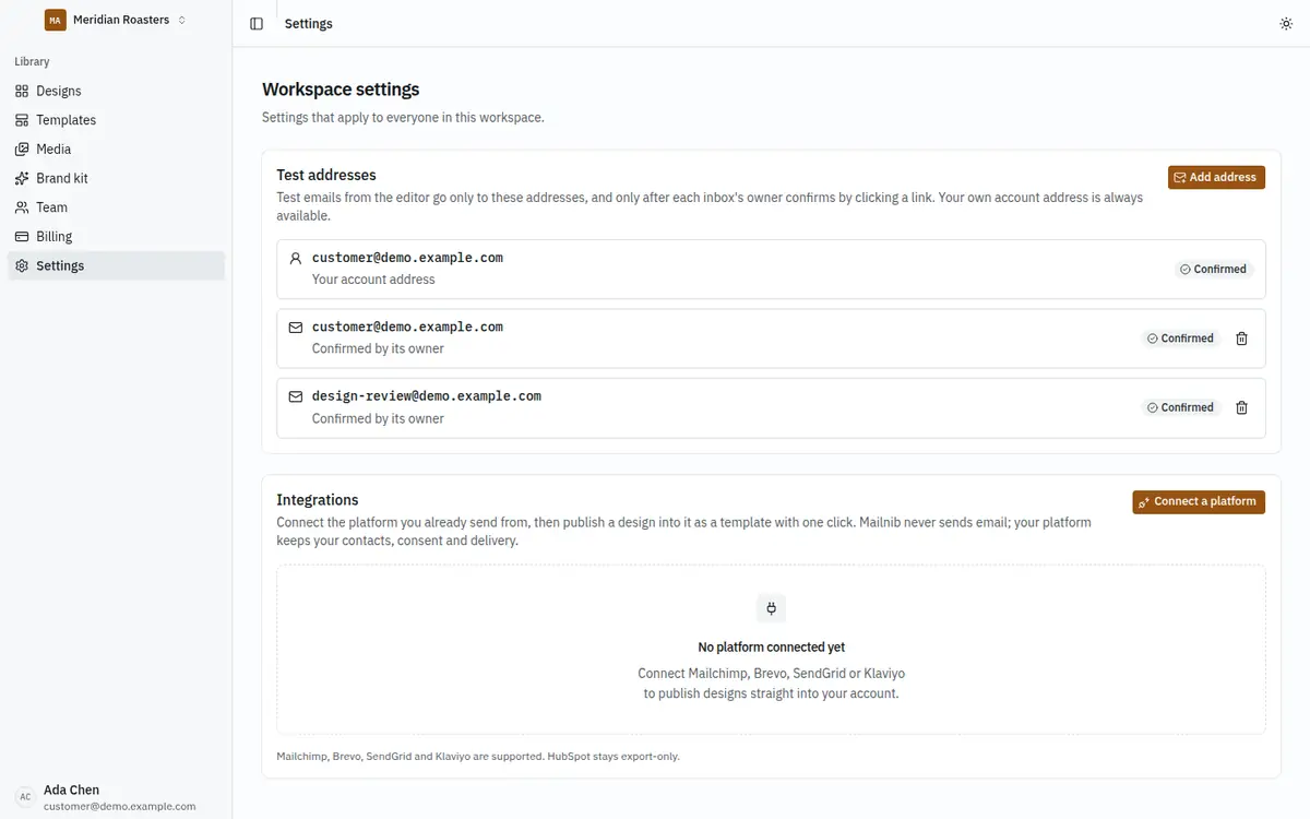 The test addresses card with the account address and two confirmed addresses